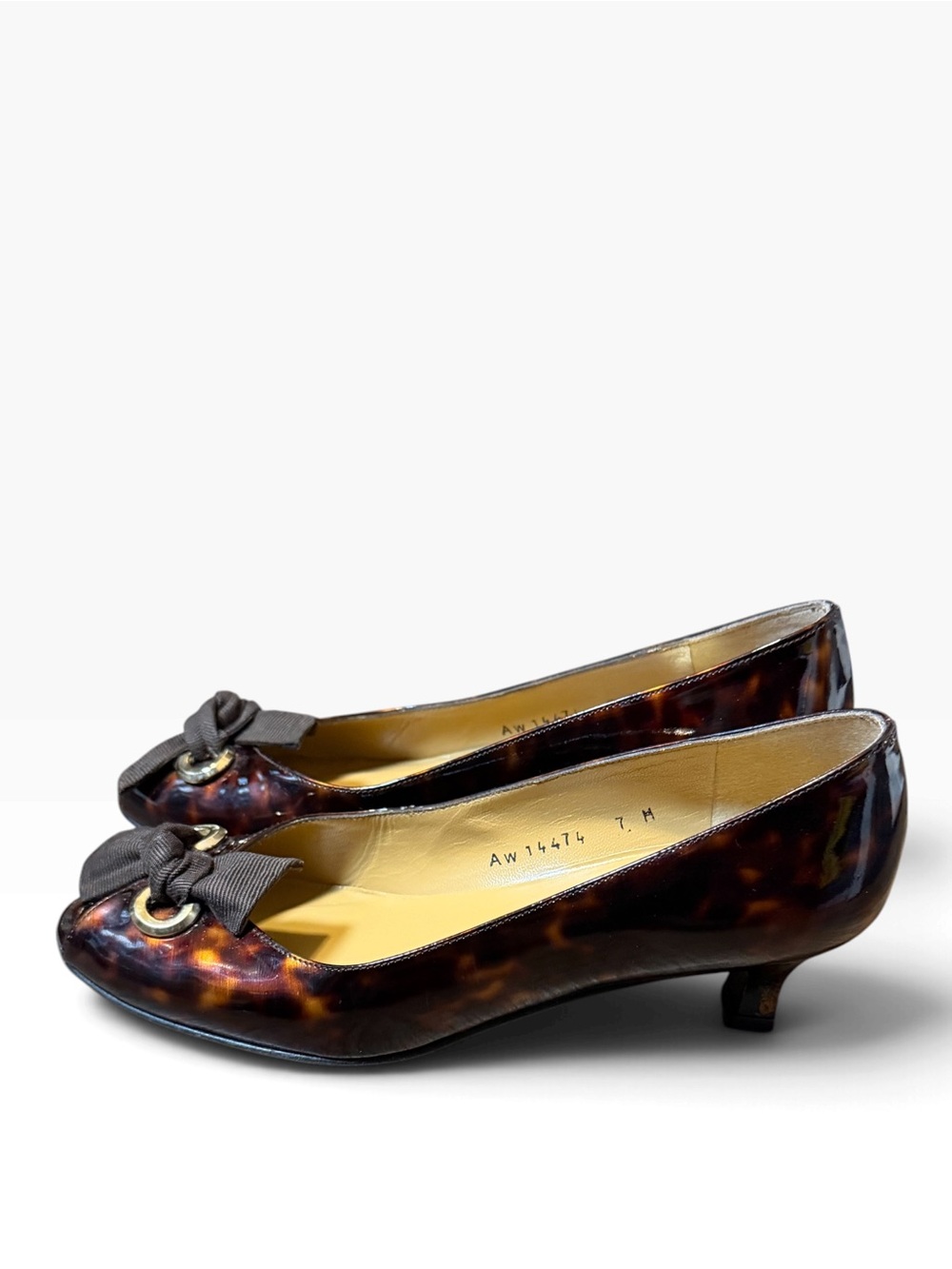 Stuart Weitzman Peep Toe Tortoiseshell Brown Bow Kitten Heel Pumps Womens Sz 7M